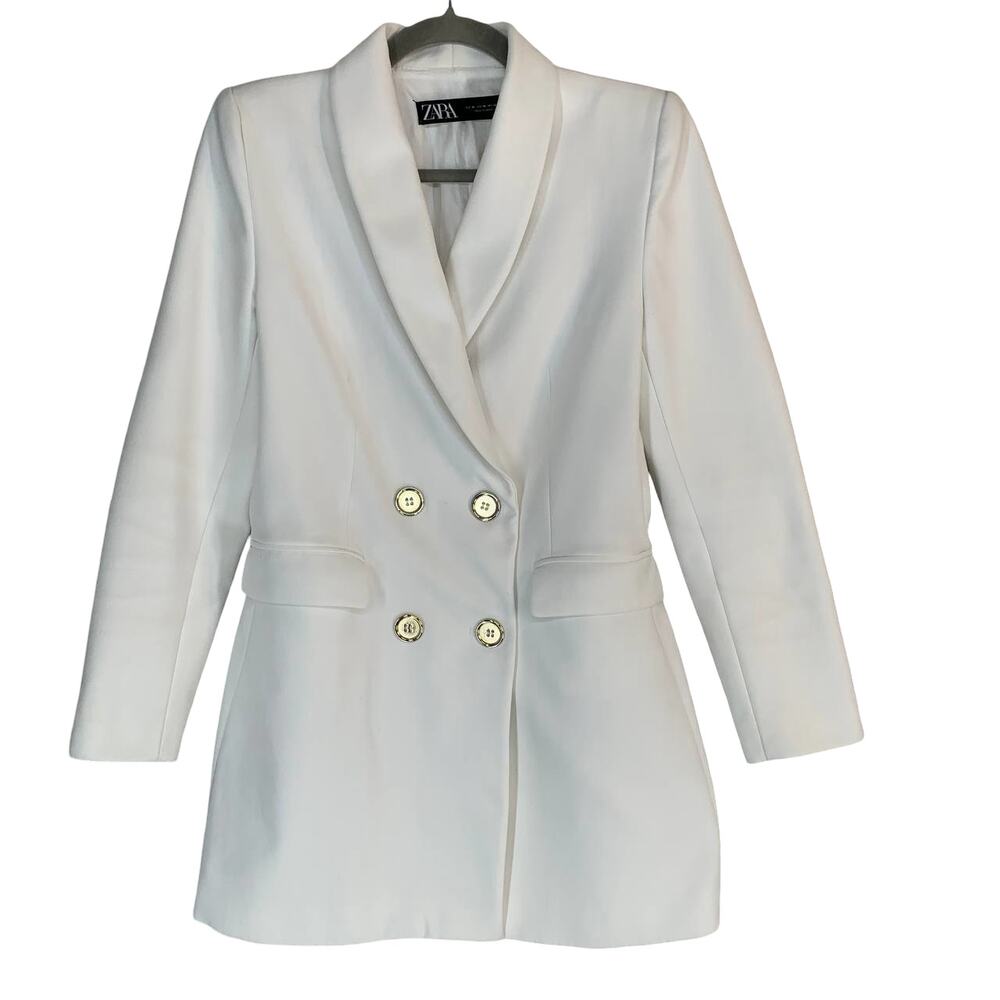 Zara Double Breasted Blazer M White Double Breasted Gold Button Long